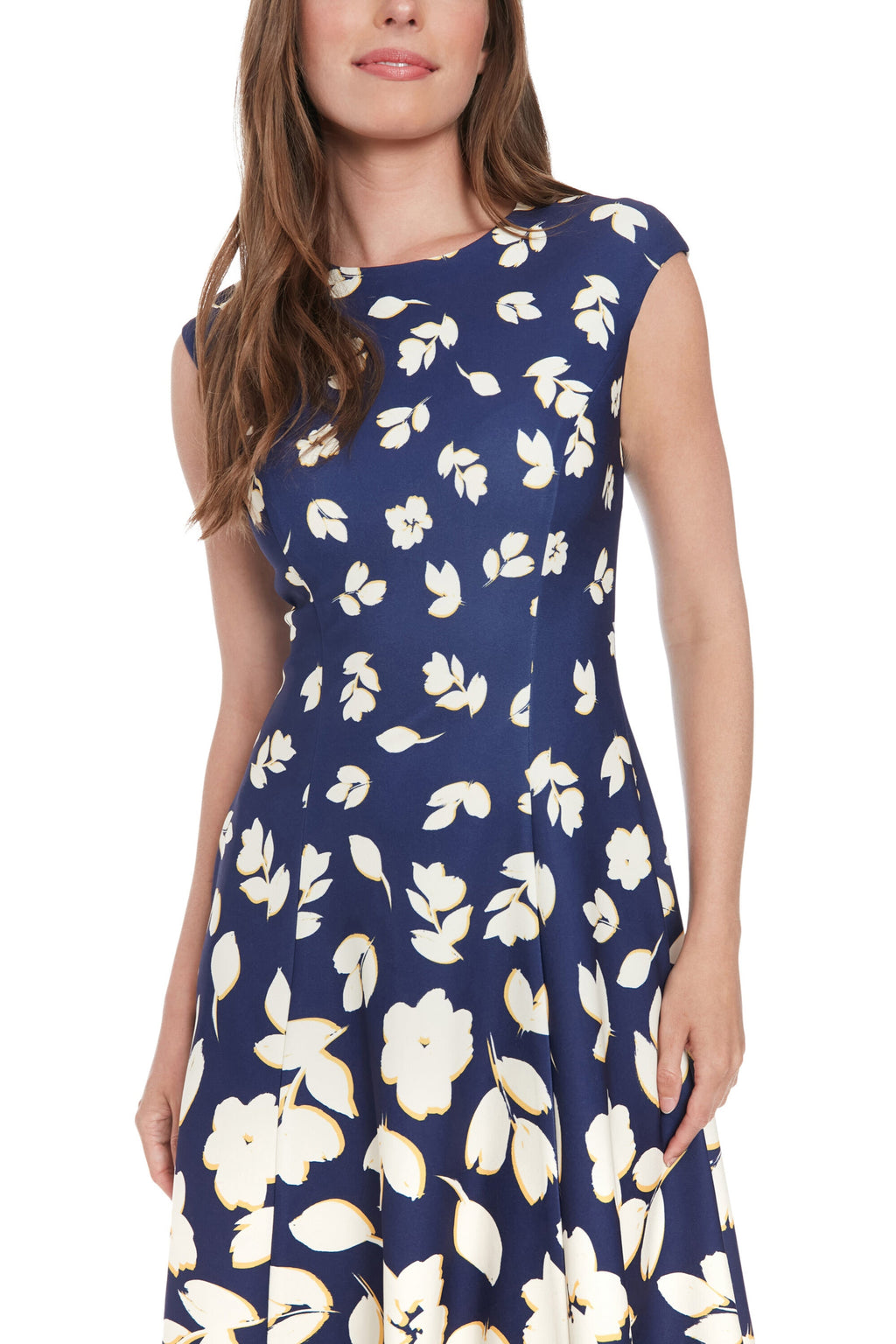 London Times All-Over Floral Print Crew Neckline Cap Sleeve Fit and Flare Dress