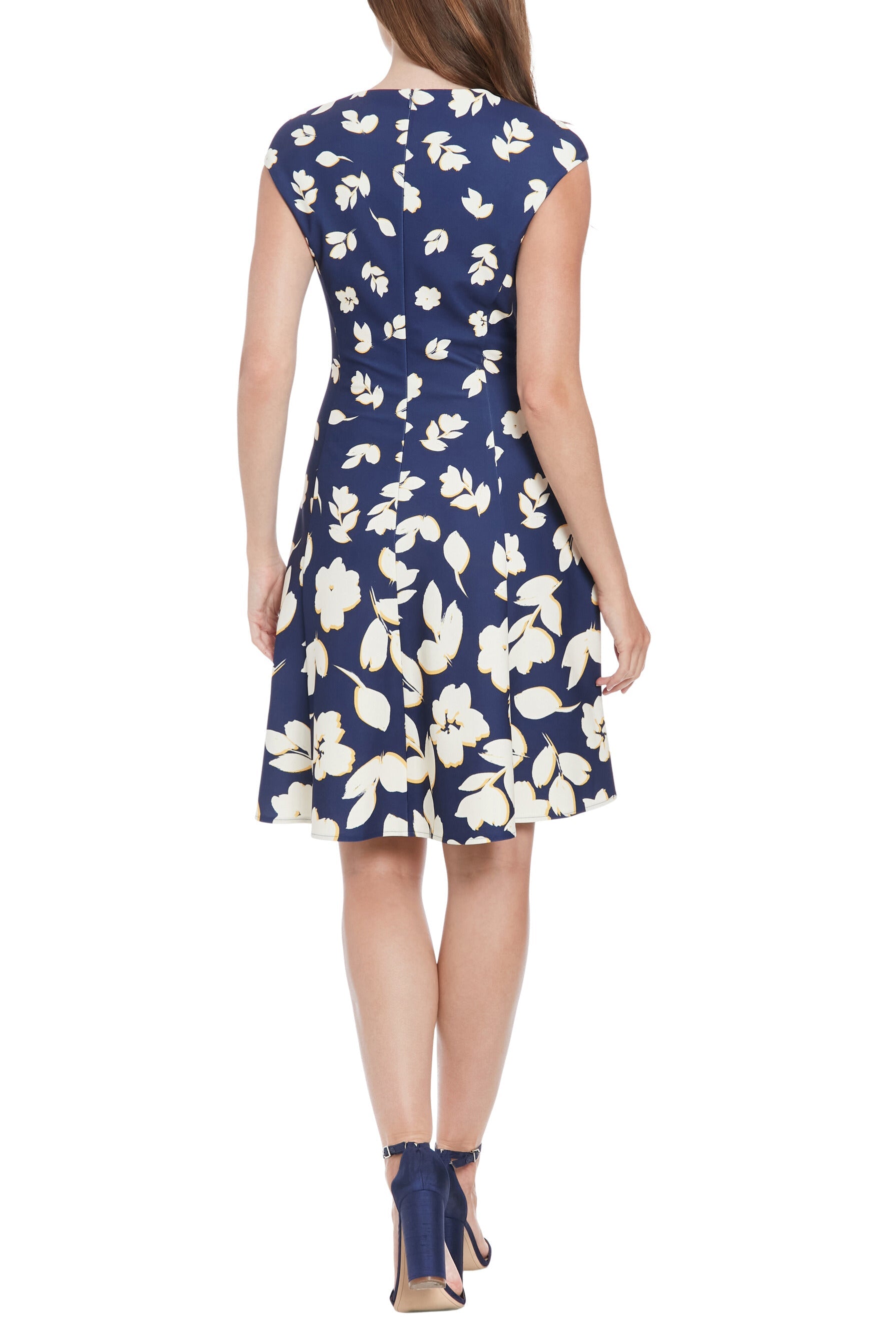 London Times All-Over Floral Print Crew Neckline Cap Sleeve Fit and Flare Dress