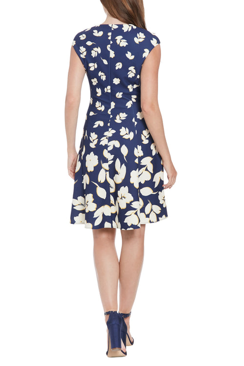 London Times All-Over Floral Print Crew Neckline Cap Sleeve Fit and Flare Dress