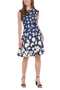 London Times All-Over Floral Print Crew Neckline Cap Sleeve Fit and Flare Dress