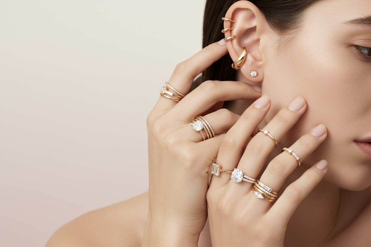 girls hands and  ears with rings and ear pins